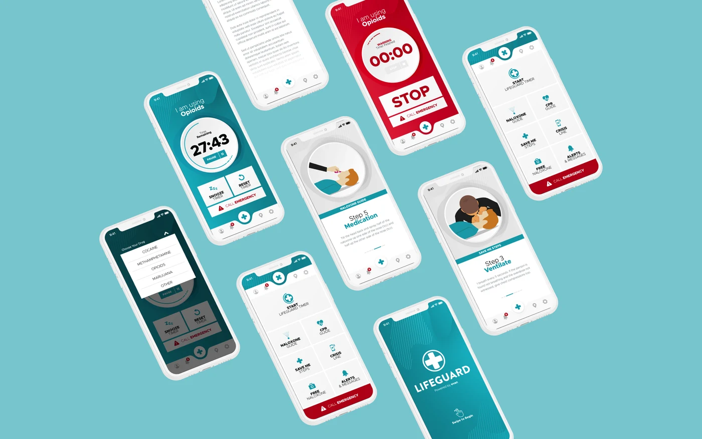 Lifeguard mobile app screens with a check-in timer, location and emergency-help controls