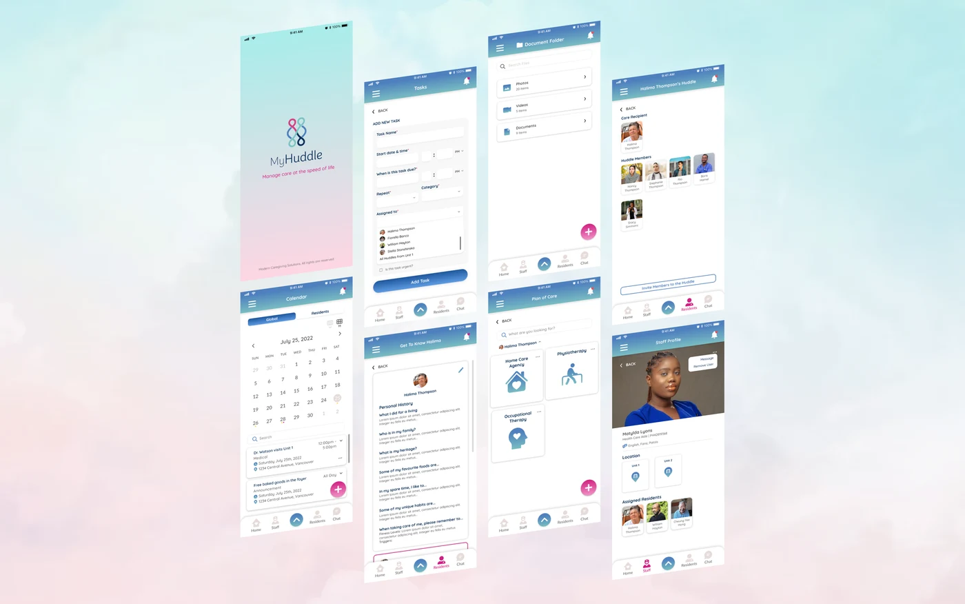 MyHuddle app screens showing tasks, a shared calendar, documents and care-team members